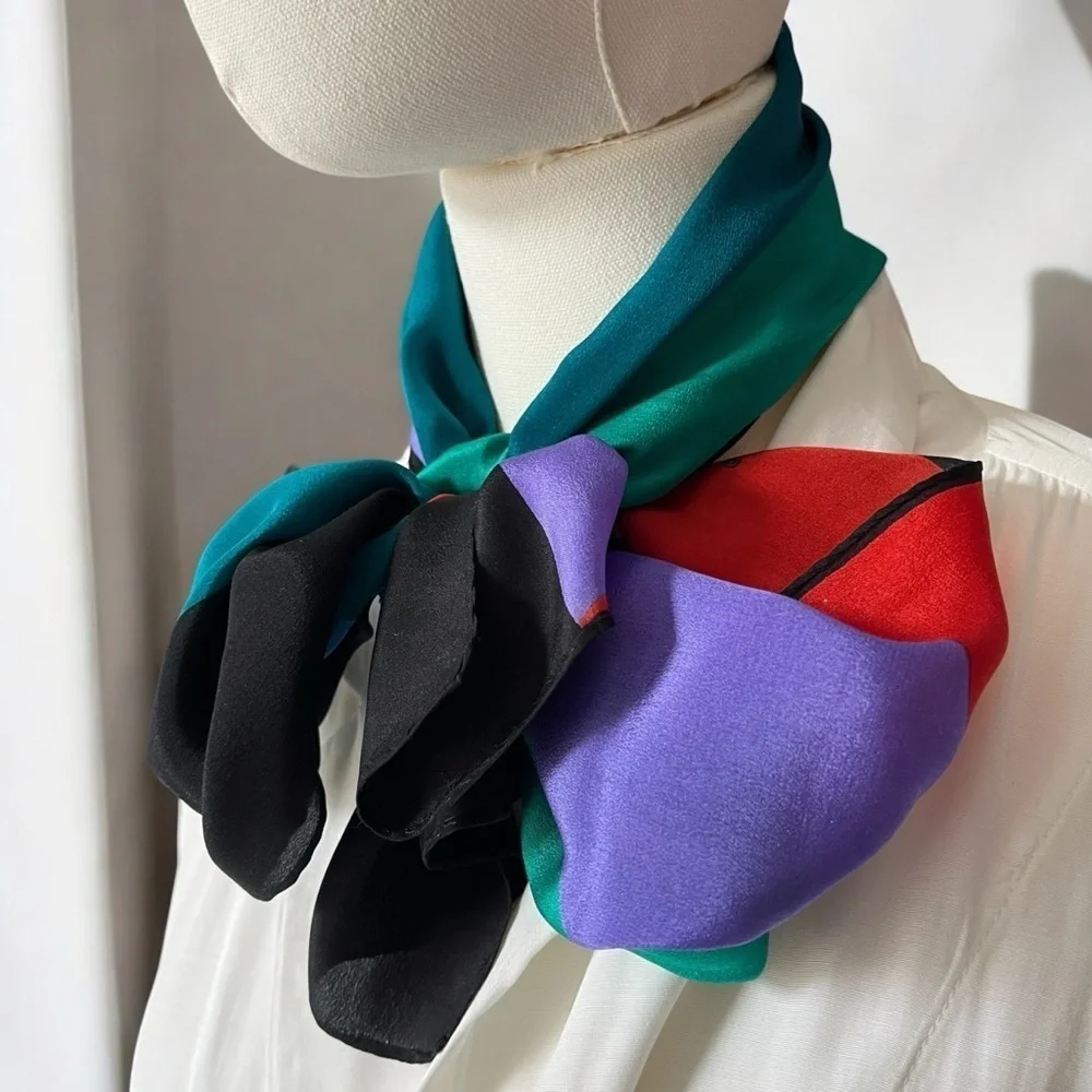 VTG 80s Vera Neumann Silk Scarf Headscarf Neckerchief Colorblock Bright 15x50”